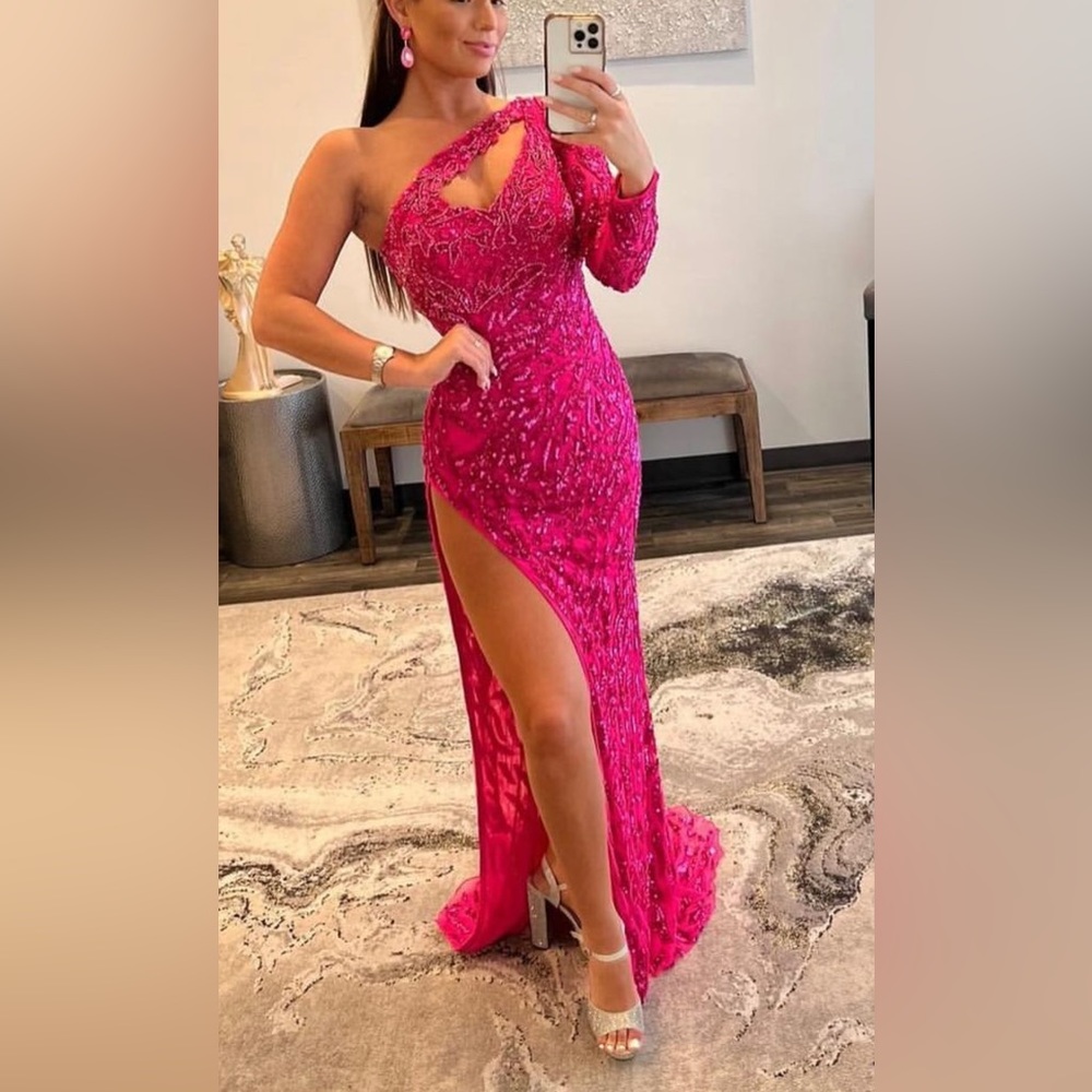 Pink Sherri Hill Beaded One Shoulder Dress